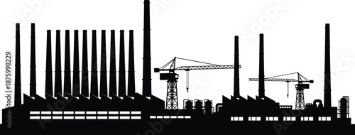 Industrial factory silhouette with chimneys and cranes illustrating manufacturing industry construction infrastructure production power plant and urban industrial landscape design concept