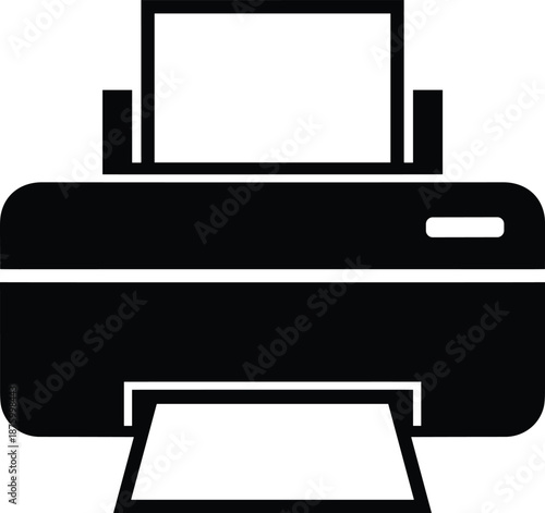 Modern printer icon silhouette with paper output, black and white vector illustration representing office equipment, document printing, business technology, workplace productivity, 