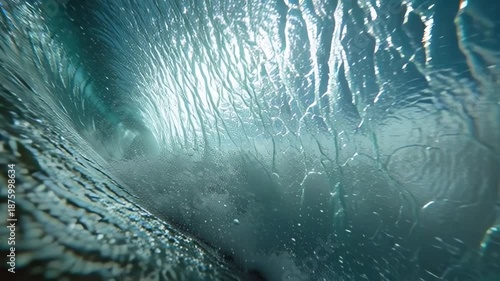 Powerful ocean wave crashing, sunlight reflecting through water