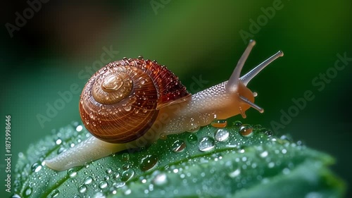 Snail Crawling on Leaf with Water Droplets