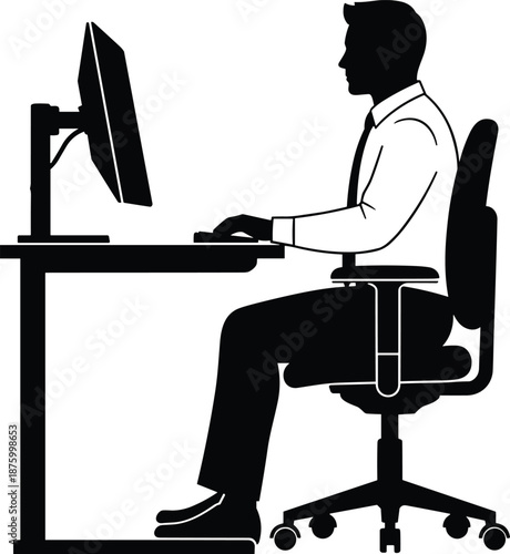Office worker silhouette sitting at desk using computer illustration representing workplace productivity business technology professional occupation and modern corporate working environment concept
