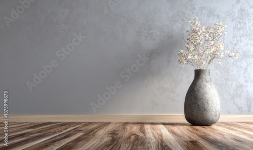 Wallpaper Mural Flowers in stone vase against textured wall on a wooden floor background Torontodigital.ca
