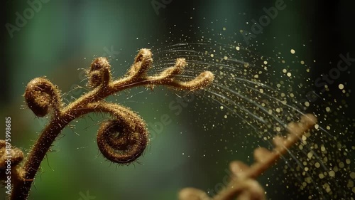 Fern uncurling with sparkling dust particles, nature's magic