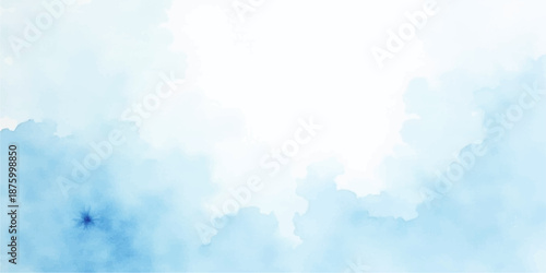 Abstract watercolor texture featuring a bright blue sky with fluffy white cumulus clouds and sunlight in a clear summer atmosphere