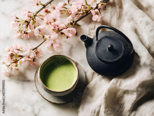 Matcha tea with cherry blossoms in spring flat lay