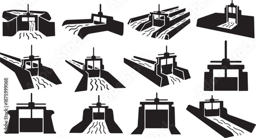 Various Black and White Road Construction Icons and Symbols