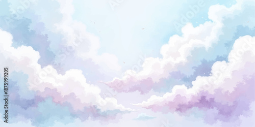 Abstract watercolor background of a bright blue sky with fluffy white cumulus clouds and beautiful sunlight in a clear summer atmosphere