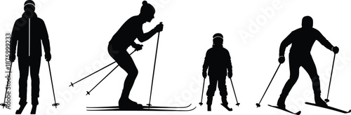 Winter skiing silhouettes showing adults and children cross country skiing with poles, black and white sport illustration highlighting outdoor recreation, family activity, alpine adventure,