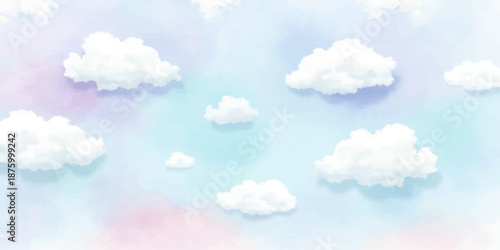 A beautiful clear blue sky with fluffy white cumulus clouds creates a bright and sunny nature cloudscape on a beautiful summer day