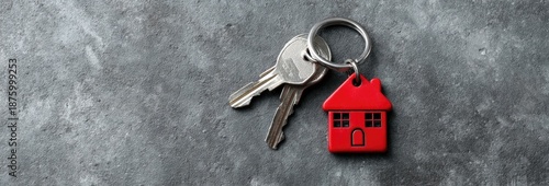 Wallpaper Mural Keys on a keyring with a red house charm on gray textured surface, close up Torontodigital.ca