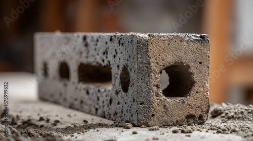 Closeup of a perforated concrete brick on a construction site