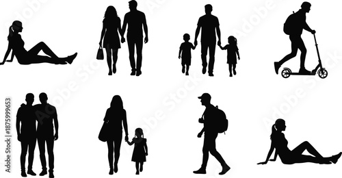 People silhouette set showing couples, families, kids and scooter rider, urban lifestyle collection, walking sitting activities, black vector illustration