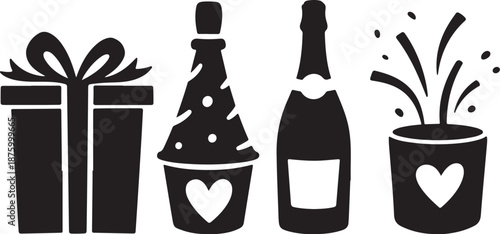Black and white Valentine's Day celebration icons and symbols