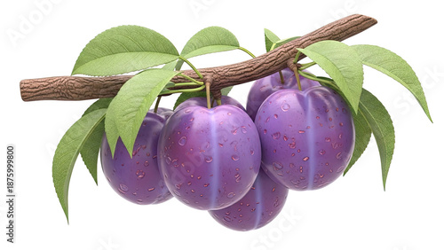 Plums on a Branch with Leaves and Water Droplets