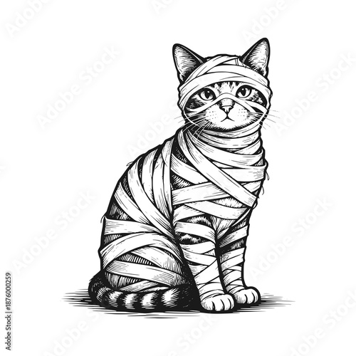 Cute cat wearing bandages like a mummiaw. Black white vector illustration.