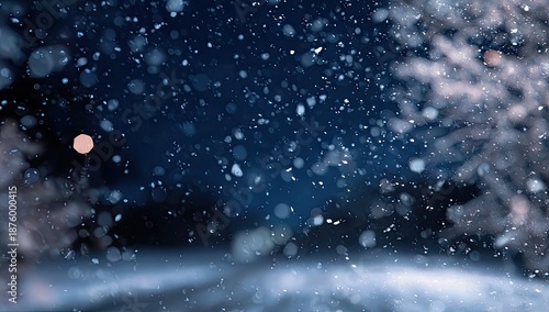 Wallpaper Mural Snowfall blurs a dark winter landscape with snowy trees and soft light Torontodigital.ca