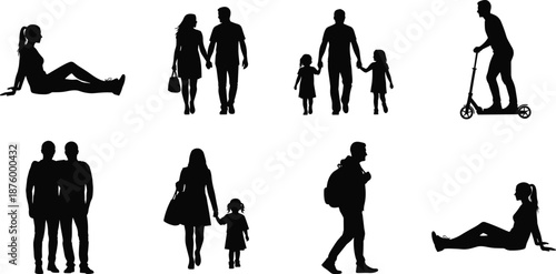 People silhouette collection showing families, couples, kids and scooter rider, urban lifestyle activities set, walking sitting poses, black vector