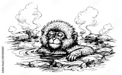 Hand drawn line art illustration of a Japanese macaque depicting bathing in a hot spring for nature and relaxation