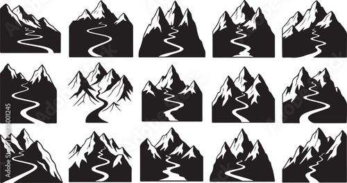 Mountain Range Silhouettes with Winding River Paths Black White