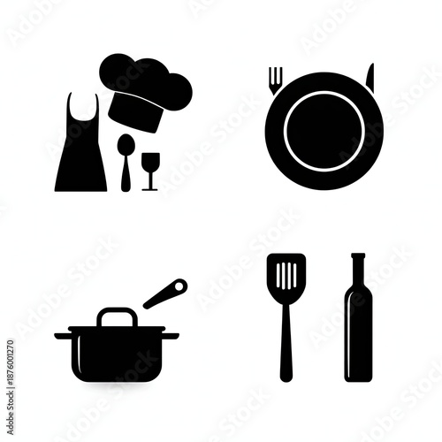 Wallpaper Mural Kitchenware icons apron, chef's hat, plate, pot, spatula, and wine bottle Torontodigital.ca