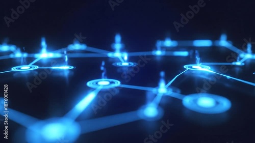 Abstract digital network glowing blue nodes, dark background