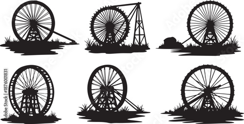 Waterwheel Silhouettes in Various Positions and Angles Illustration Set
