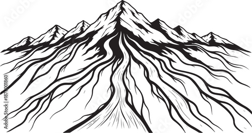 Mountain range with roots growing out of it illustration