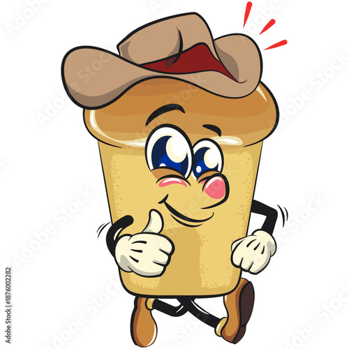 cute rum baba cake cartoon mascot character wearing a cowboy hat while giving a thumbs up sign, vector illustration, work of hand drawn