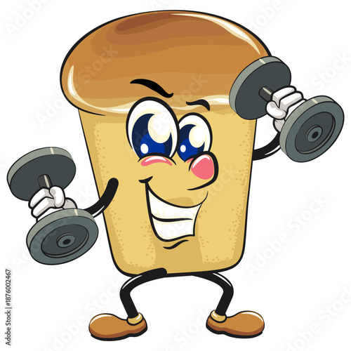 cute rum baba cake cartoon mascot character doing barbell lifting workout, vector illustration, work of hand drawn