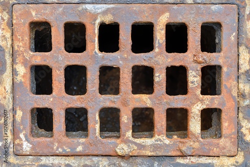Corroded metal grate with repeating square hole pattern