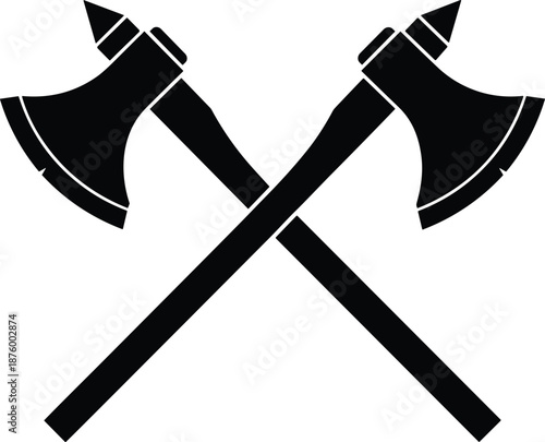 “Crossed battle axes silhouette illustration featuring bold medieval weapon design, traditional axe shapes, and strong symmetrical composition for historical themes, fantasy artwork, 