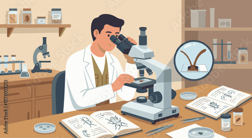 Insect Scientist Using Microscope
A flat vector illustration of an insect scientist looking through a microscope to examine insect details. Lab desk and notes visible. 