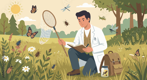 Insect Scientist in Field Research
A flat vector illustration of an insect scientist conducting field research outdoors. Net, notebook, and insects in a natural environment. 