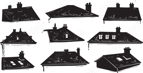 Black and white houses with various roof styles illustrated