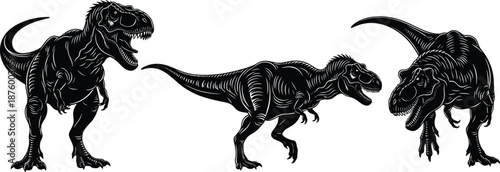 “Detailed black dinosaur vector illustration featuring three fierce Tyrannosaurus rex poses, showcasing dynamic movements, strong anatomy, and bold prehistoric design for 