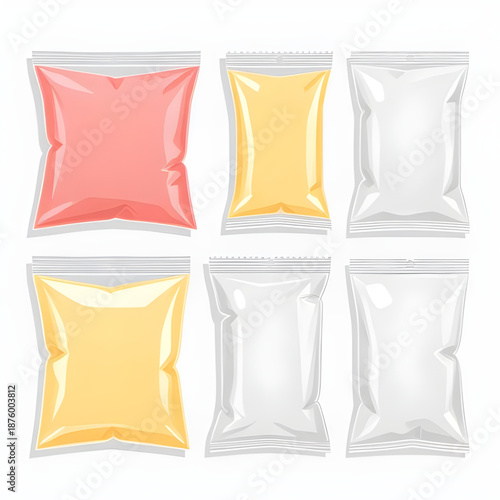 plastic, packaging, package, pack, bag, pouch, wrapper, container, vector, illustration, set, collection, product, retail, shopping, food, storage, transparent, clear, mockup, template, design, blank,
