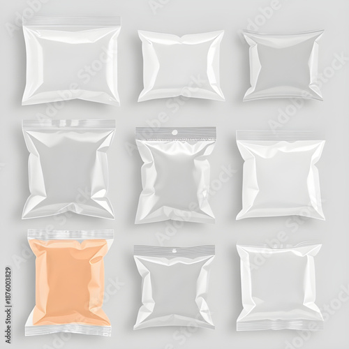 plastic, package, packaging, pack, bag, wrapper, pouch, container, vector, illustration, set, collection, product, retail, shopping, food, storage, transparent, clear, mockup, template, design, blank,