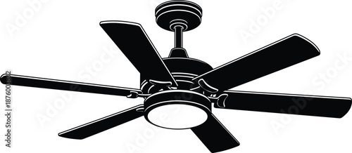 “Detailed black silhouette ceiling fan illustration with six blades and central light fixture, modern home interior cooling system vector design for décor and engineering concepts, isolated.”