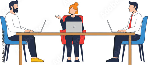 Business professionals sitting at a conference table with laptops having a discussion in a flat vector office illustration