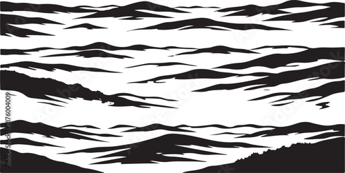 Black and white ocean waves illustration with silhouette landscape