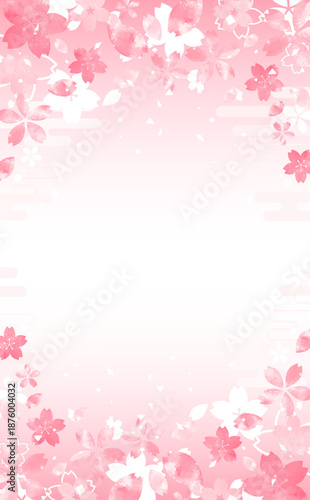 桜の手描き風の和風花びらフレーム_上下_背景なし_縦