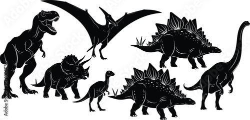 “Detailed black silhouette vector illustration set of various dinosaurs including T-rex, stegosaurus, triceratops and pterodactyl, prehistoric animal collection design for education and decoration”