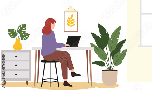 Flat vector illustration of a young woman working on a laptop at a desk in a cozy home office with plants