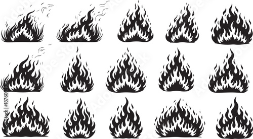 Set of black flame icons on white background vector graphics
