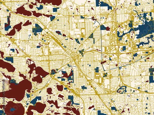 Fotografía Flat city map of Pontiac, Michigan — minimal ivory map base with golden roads an