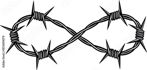Black silhouette of barbed wire infinity symbol featuring sharp metal thorns isolated on white background for security and conceptual design