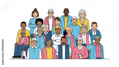Illustration of a diverse group of people of various ages and ethnicities standing together in a colorful, flat design against a white background.