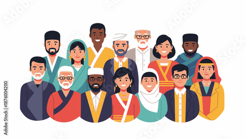 Diverse group of people from various ethnicities and cultures standing together in a flat, colorful illustration with a clean white background.