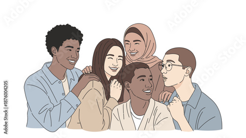 Illustration of a diverse group of five young adults smiling and embracing each other in a friendly manner against a plain white background.