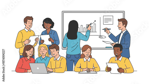 Diverse group of people collaborating and brainstorming around a whiteboard with charts and graphs in a professional setting.